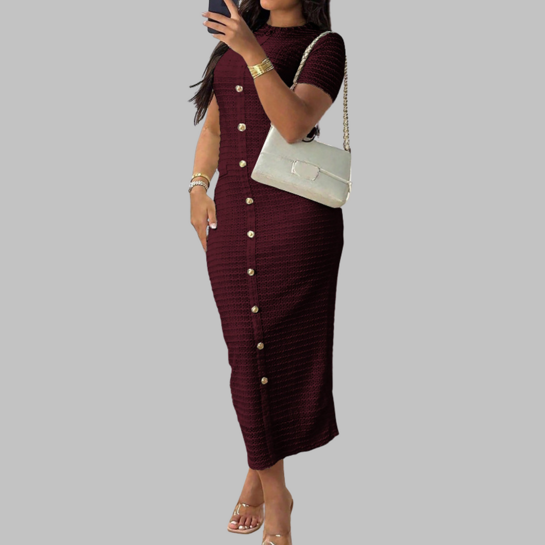 RACHEL™ - Robe élégante à col rond et faux boutons