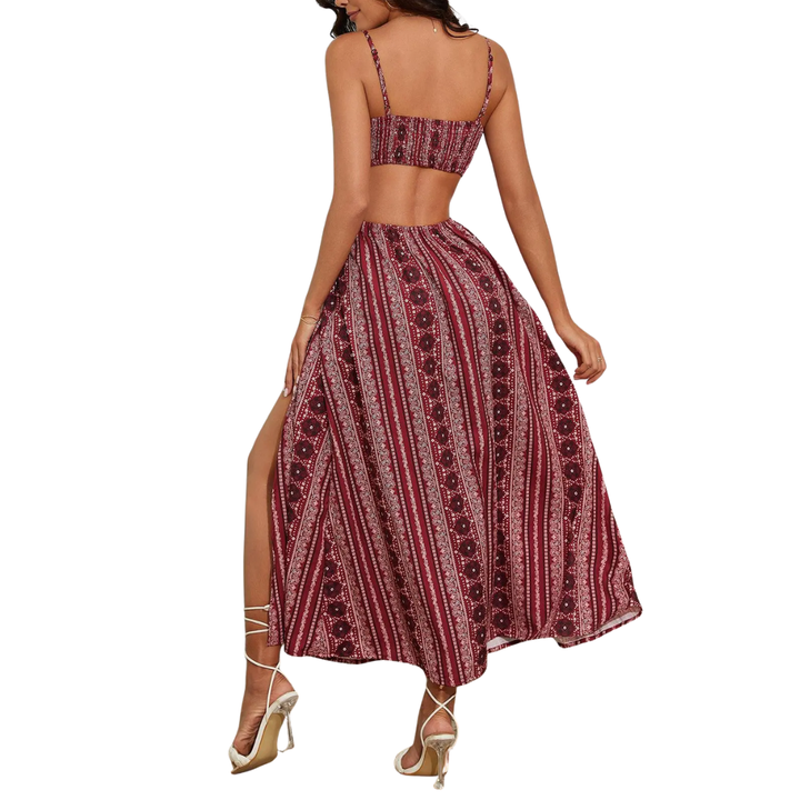SELENA™ – Robe à fente et dos nu imprimée
