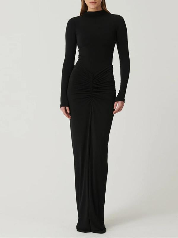 BETTY™ - Robe longue moulante à col montant et manches longues froncées classe
