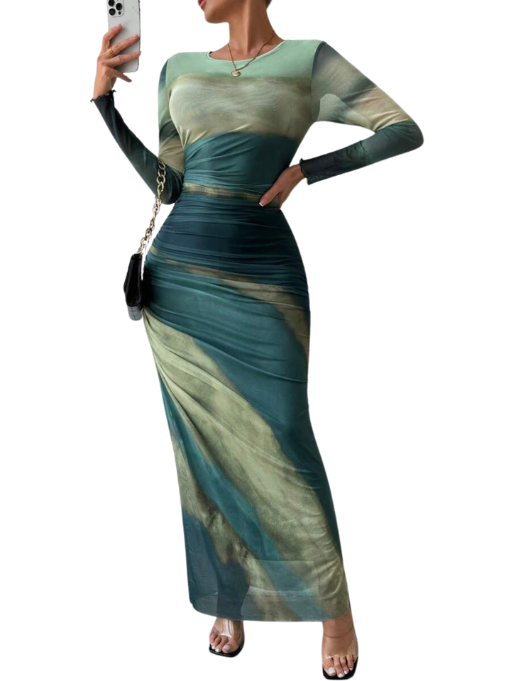 TESSIE™ - Robe moulante froncée imprimée femme à manches longues et col rond pour soirée