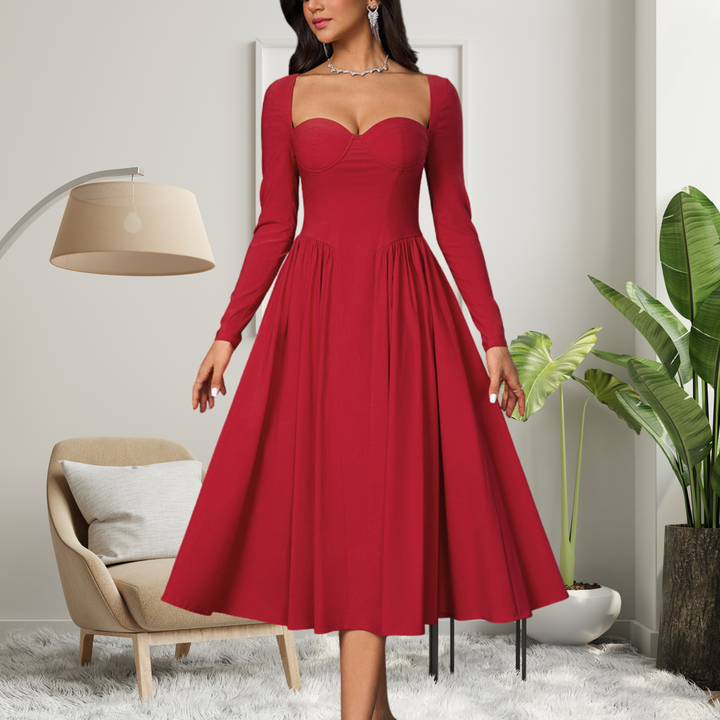 AKILA™ - Robe longue maxi trapèze élégante à encolure cœur et manches longues