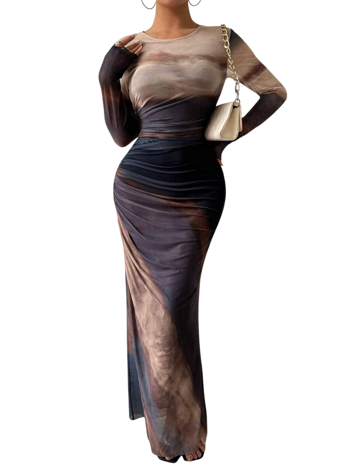 TESSIE™ - Robe moulante froncée imprimée femme à manches longues et col rond pour soirée