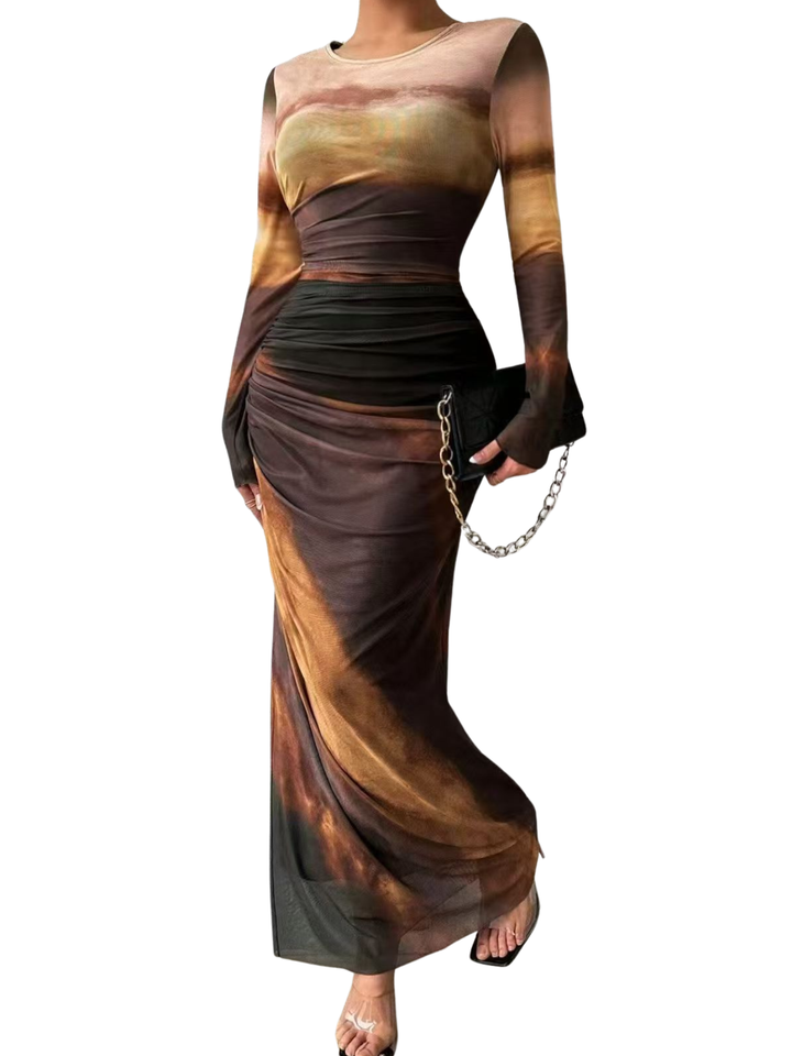 TESSIE™ - Robe moulante froncée imprimée femme à manches longues et col rond pour soirée