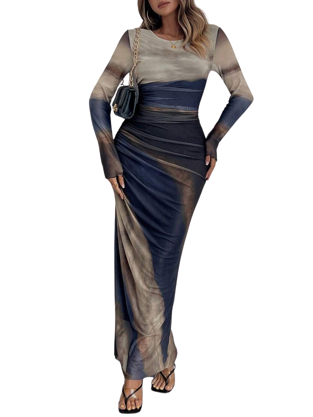 TESSIE™ - Robe moulante froncée imprimée femme à manches longues et col rond pour soirée