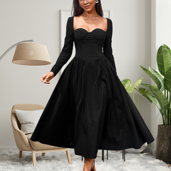 AKILA™ - Robe longue maxi trapèze élégante à encolure cœur et manches longues