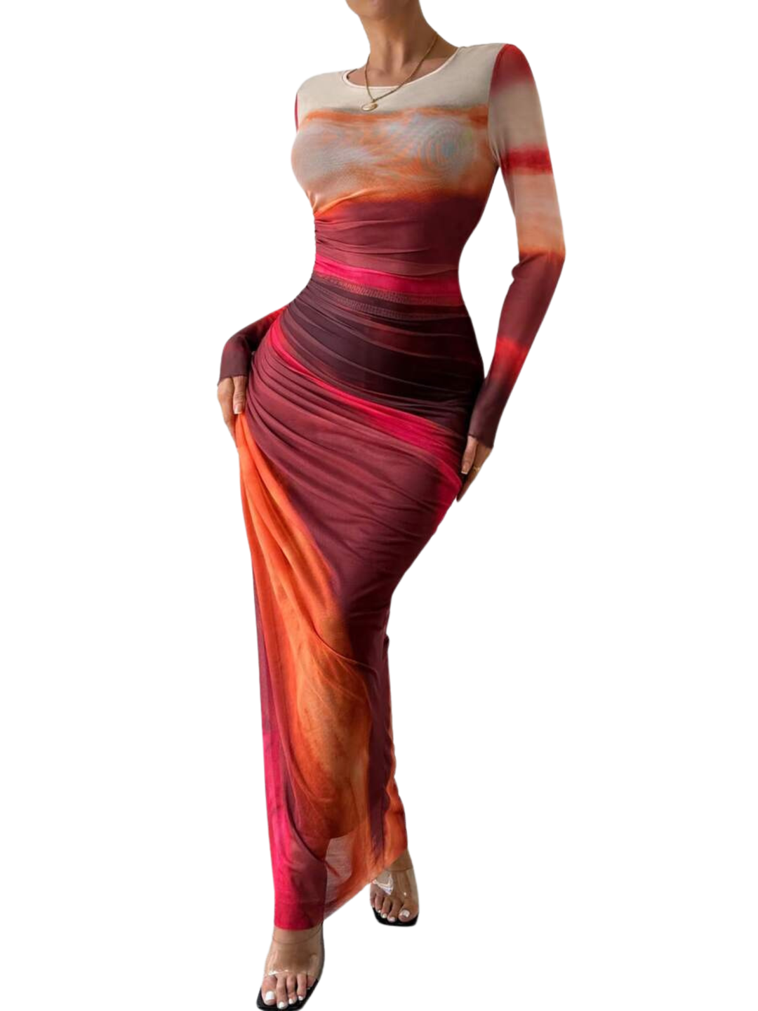 TESSIE™ - Robe moulante froncée imprimée femme à manches longues et col rond pour soirée