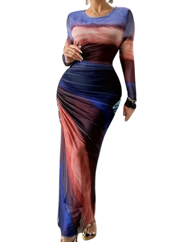 TESSIE™ - Robe moulante froncée imprimée femme à manches longues et col rond pour soirée