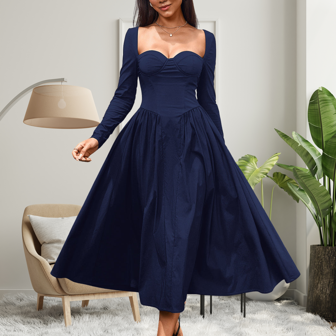 AKILA™ - Robe longue maxi trapèze élégante à encolure cœur et manches longues