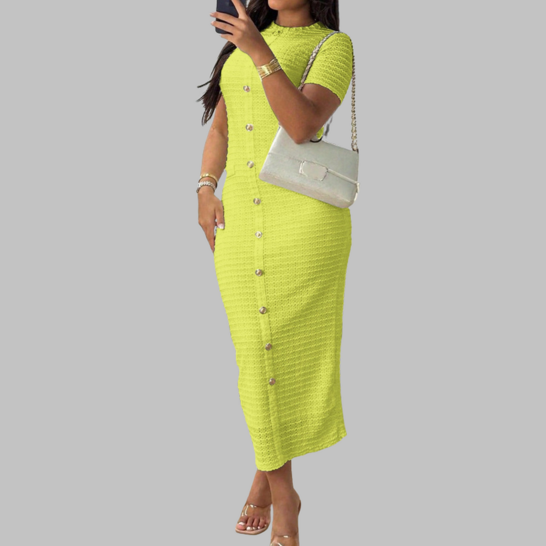RACHEL™ - Robe élégante à col rond et faux boutons