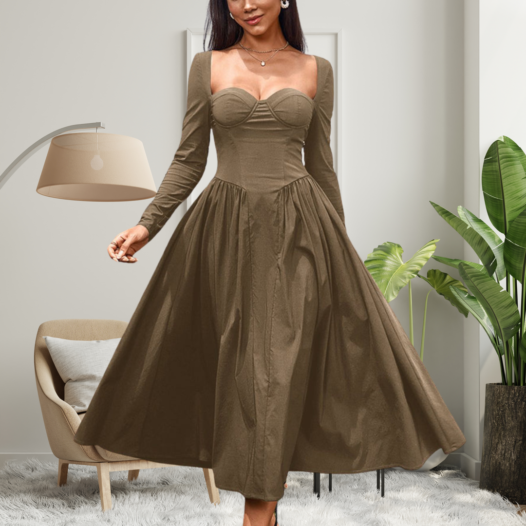 AKILA™ - Robe longue maxi trapèze élégante à encolure cœur et manches longues