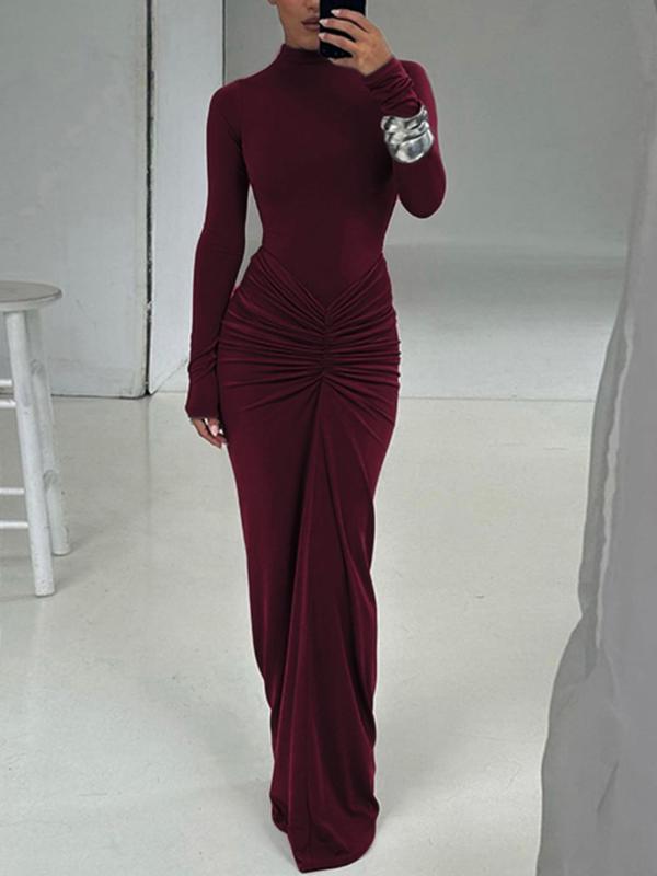 BETTY™ - Robe longue moulante à col montant et manches longues froncées classe