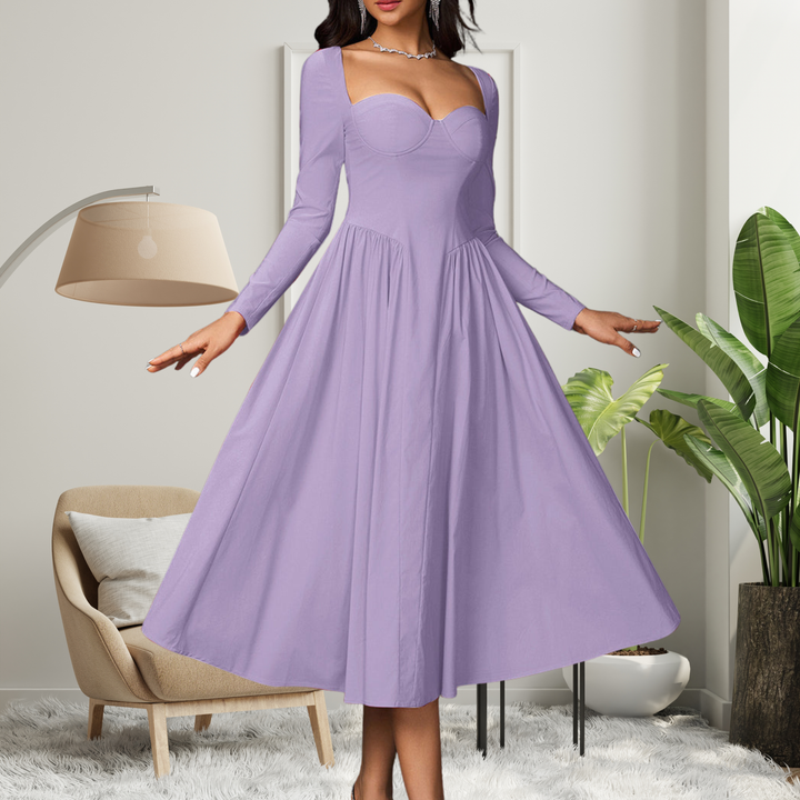 AKILA™ - Robe longue maxi trapèze élégante à encolure cœur et manches longues