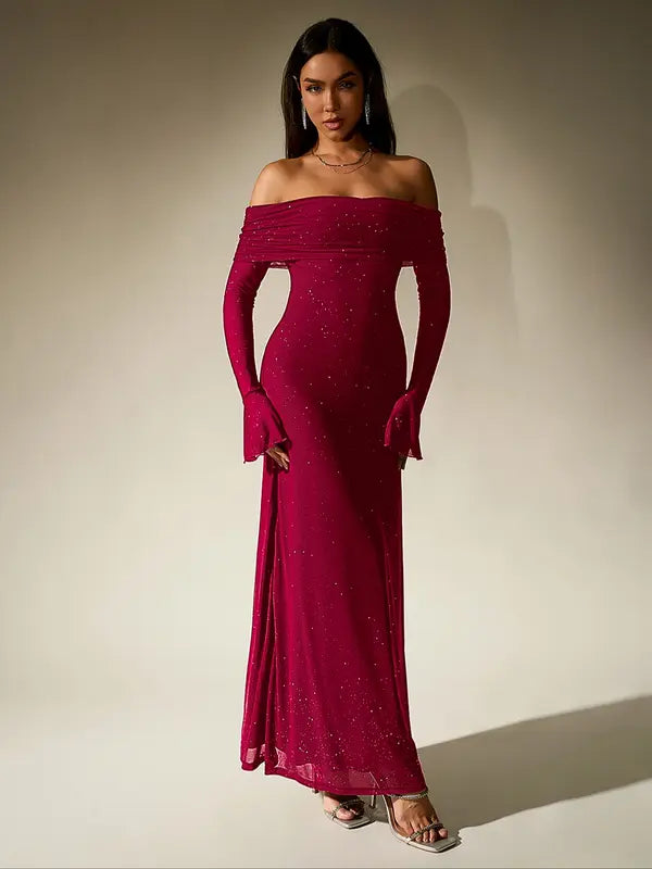 ANDREA™ - Robe fourreau moulante froncée asymétrique à sequins contrastants pour femme