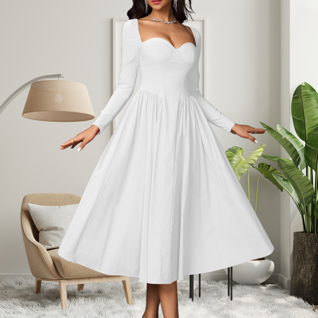 AKILA™ - Robe longue maxi trapèze élégante à encolure cœur et manches longues