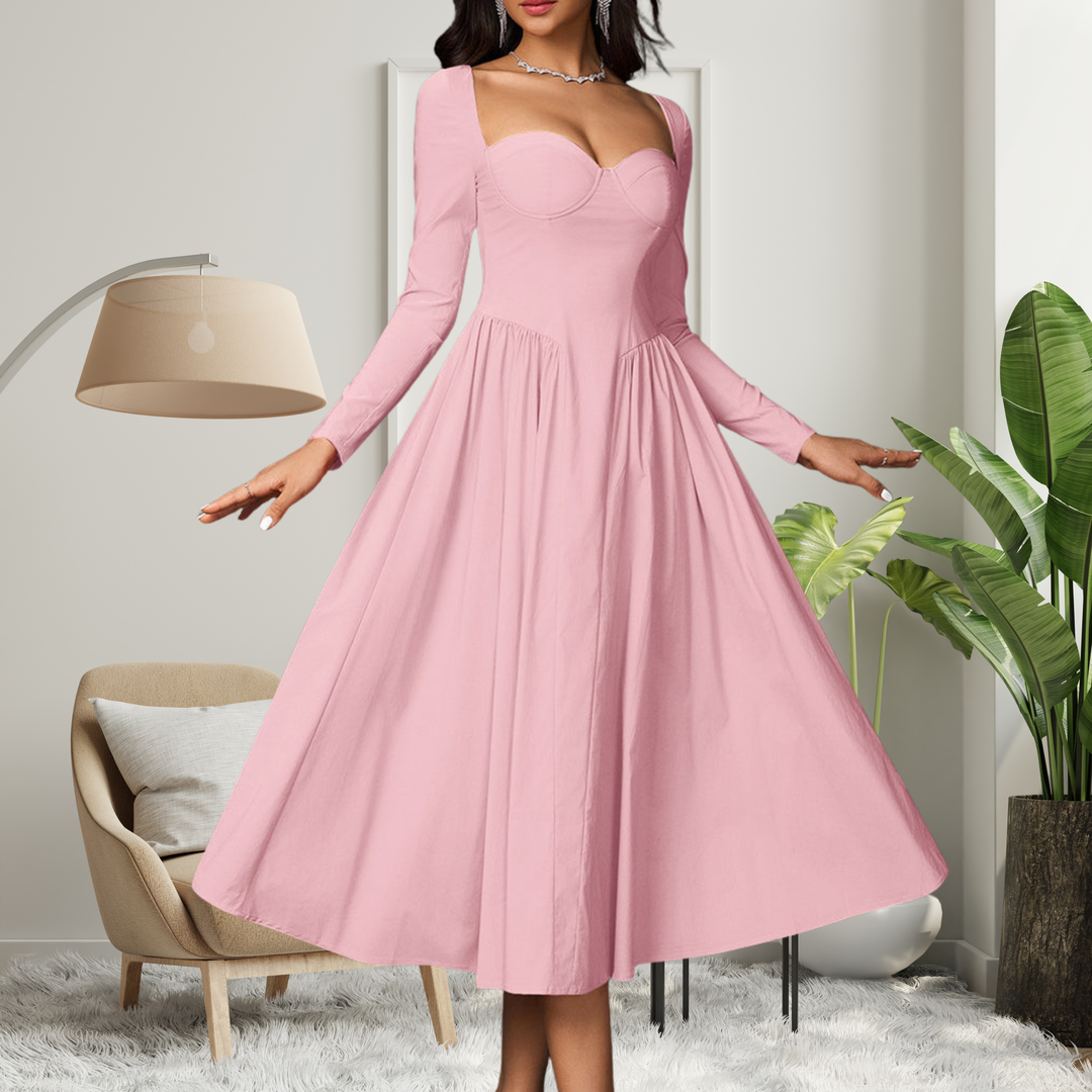 AKILA™ - Robe longue maxi trapèze élégante à encolure cœur et manches longues