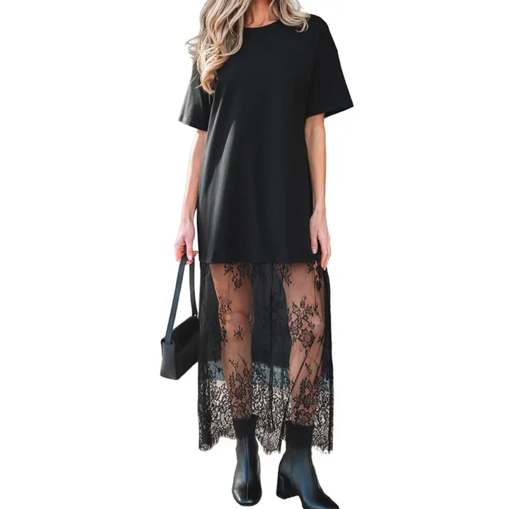 FRANNIE™ – Robe longue à épaules tombantes et ourlet en dentelle