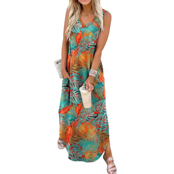 SOLANGE™ – Robe longue fluide à poches et motif floral