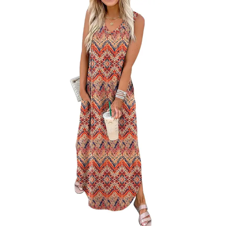 SOLANGE™ – Robe longue fluide à poches et motif floral