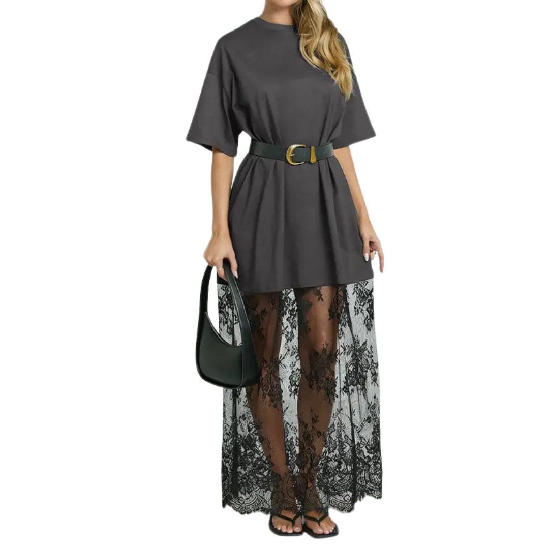 FRANNIE™ – Robe longue à épaules tombantes et ourlet en dentelle