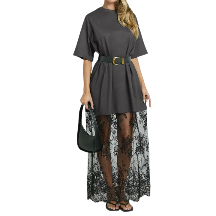 FRANNIE™ – Robe longue à épaules tombantes et ourlet en dentelle
