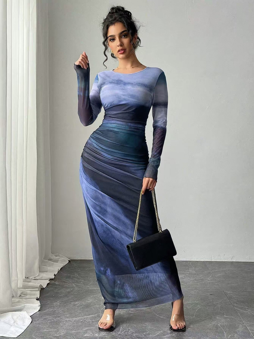 JULIA™ - Robe longue moulante à col rond et manches longues avec imprimé confortable