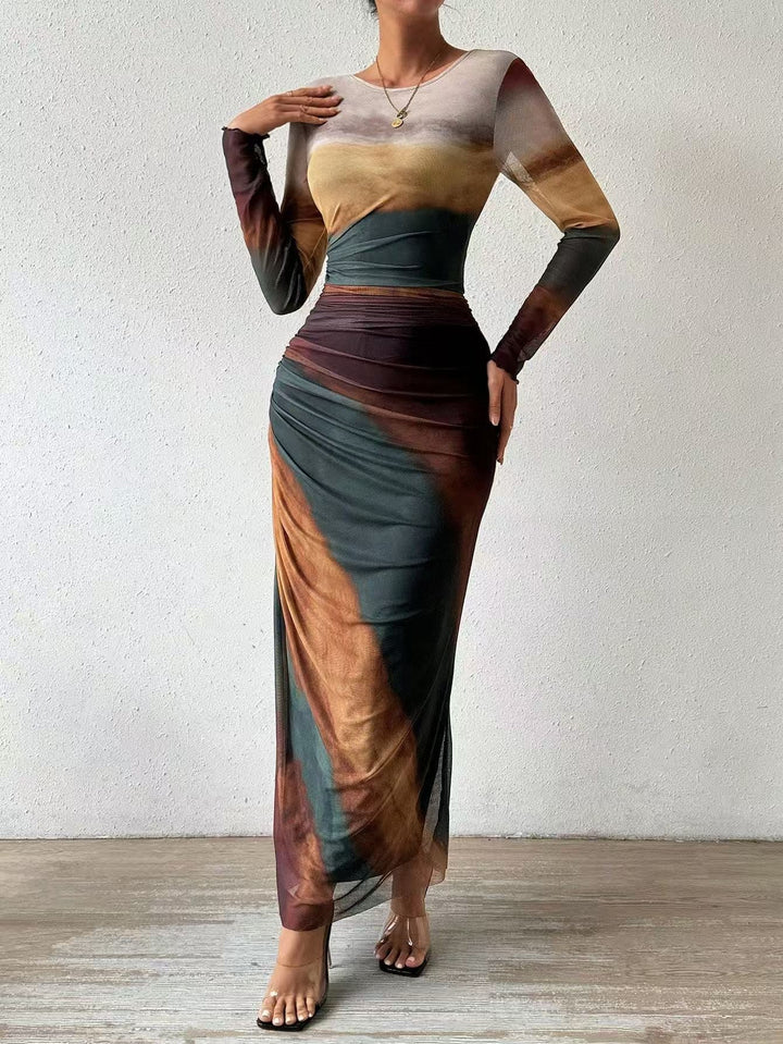TORINA™ - Robe longue moulante à col rond et manches longues imprimée et confortable