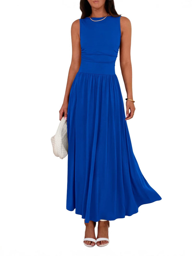 Robe longue EMMIE™ chic sans manches froncée taille haute