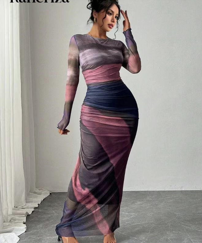 TORINA™ - Robe longue moulante à col rond et manches longues imprimée et confortable