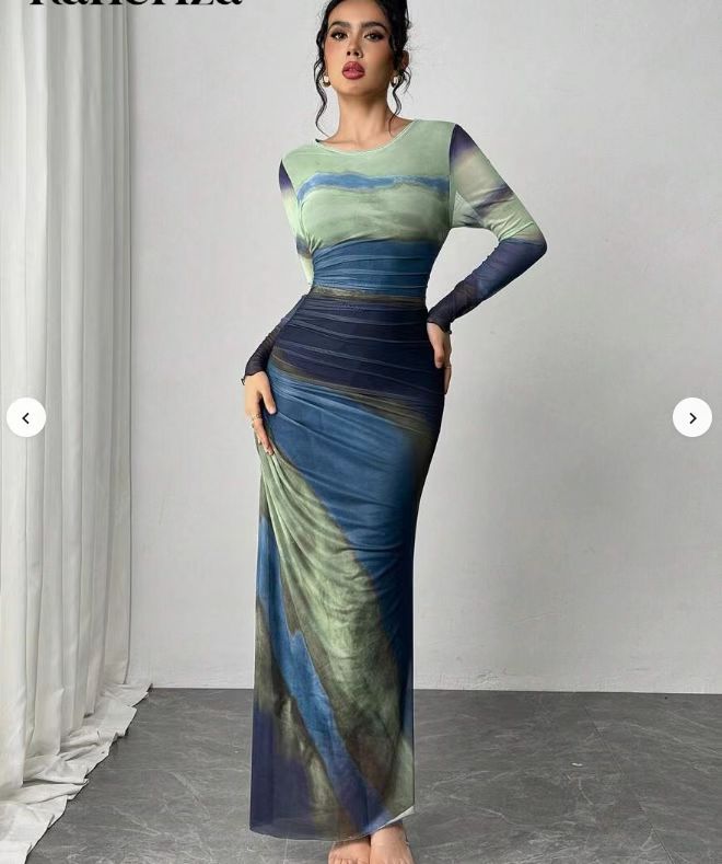 JULIA™ - Robe longue moulante à col rond et manches longues avec imprimé confortable