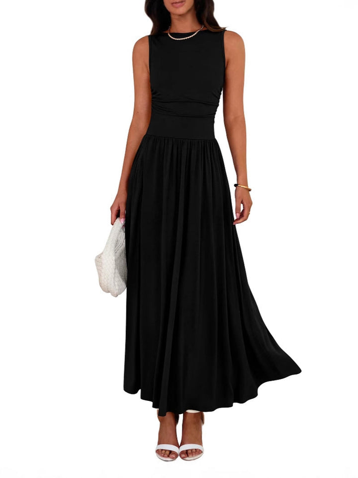 Robe longue EMMIE™ chic sans manches froncée taille haute
