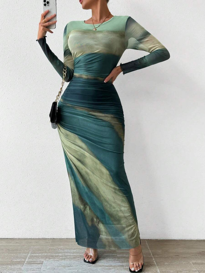 JULIA™ - Robe longue moulante à col rond et manches longues avec imprimé confortable