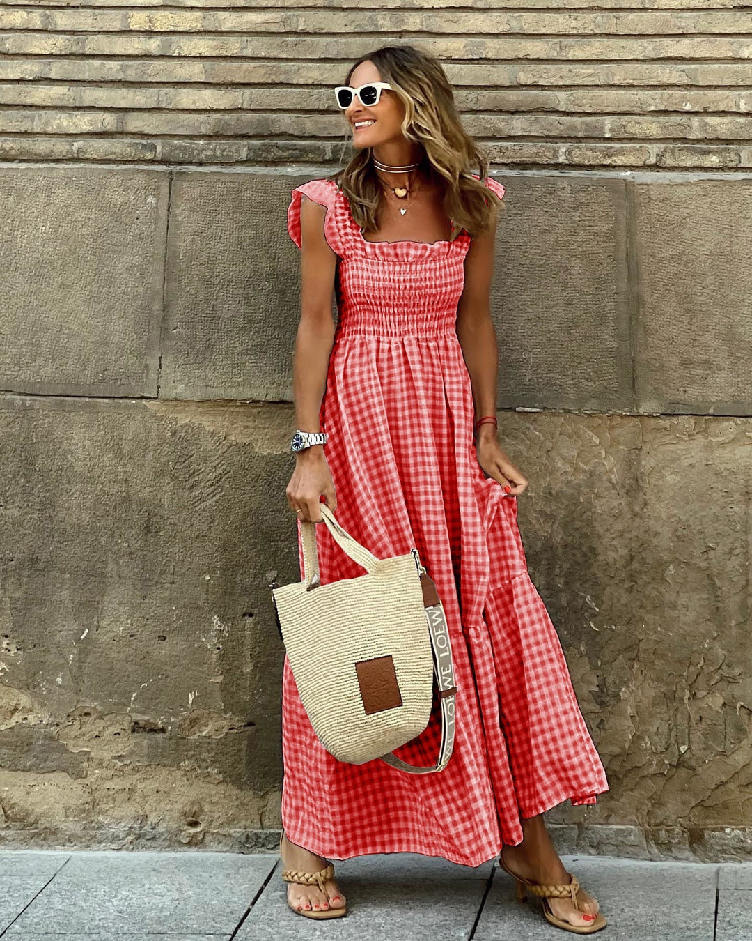 NANCY™ - Robe plissée rétro à carreaux chic