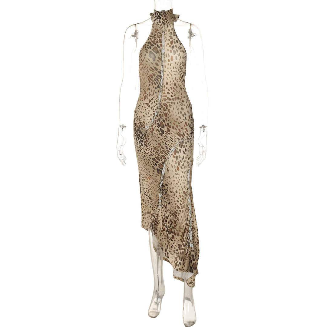 SABINA™ - Robe longue sans manches à dos nu motif léopard gracieux