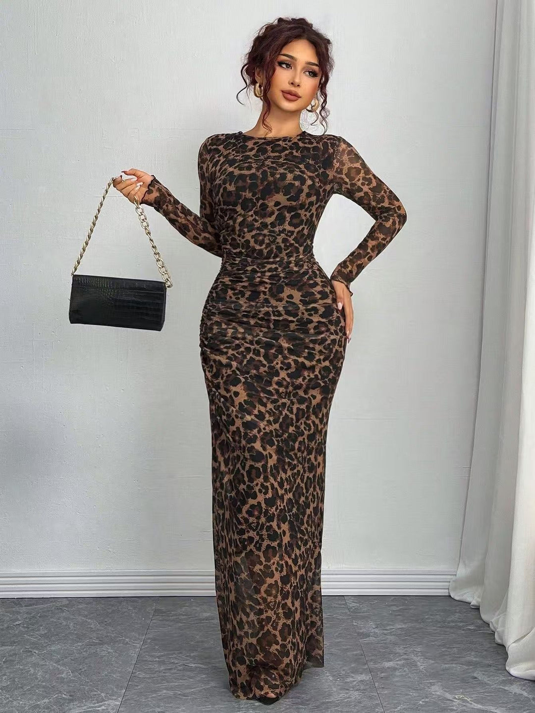 TORINA™ - Robe longue moulante à col rond et manches longues imprimée et confortable