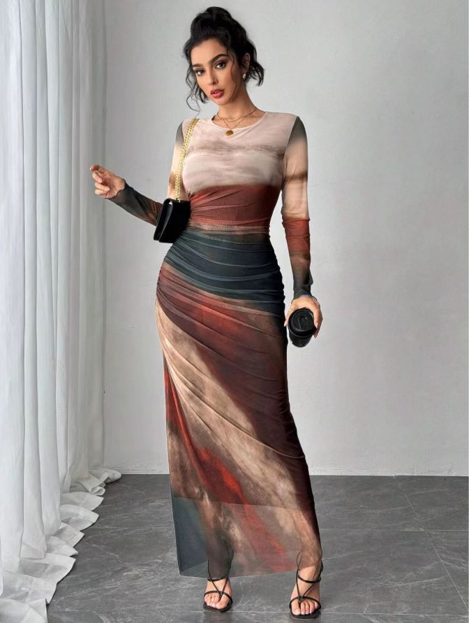 TORINA™ - Robe longue moulante à col rond et manches longues imprimée et confortable