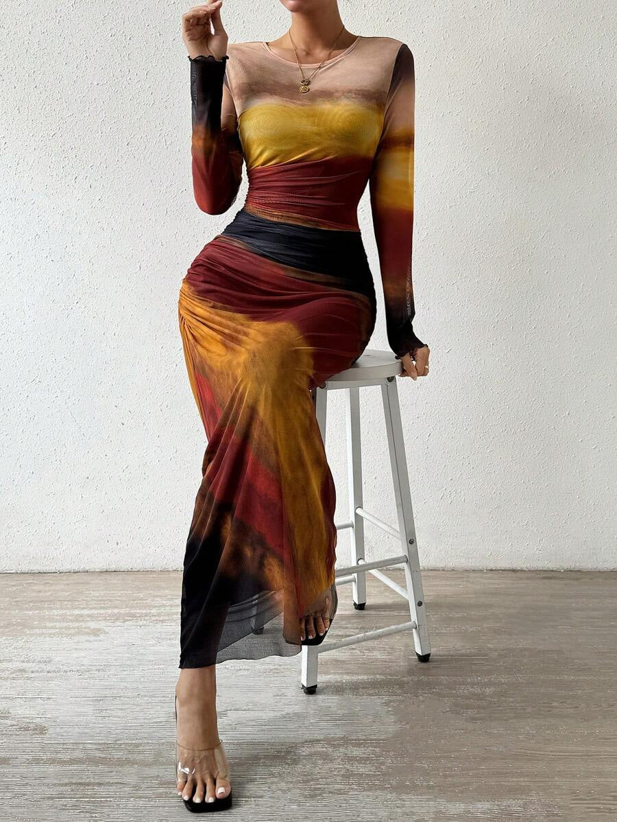 TORINA™ - Robe longue moulante à col rond et manches longues imprimée et confortable