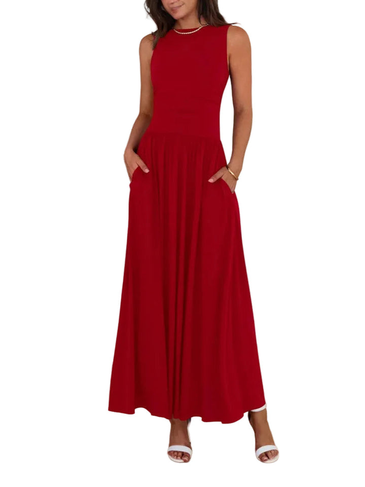 Robe longue EMMIE™ chic sans manches froncée taille haute