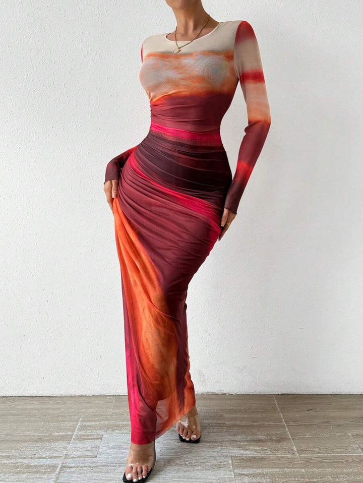 JULIA™ - Robe longue moulante à col rond et manches longues avec imprimé confortable
