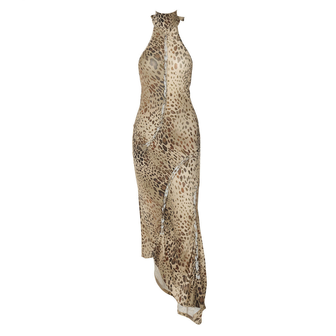 SABINA™ - Robe longue sans manches à dos nu motif léopard gracieux