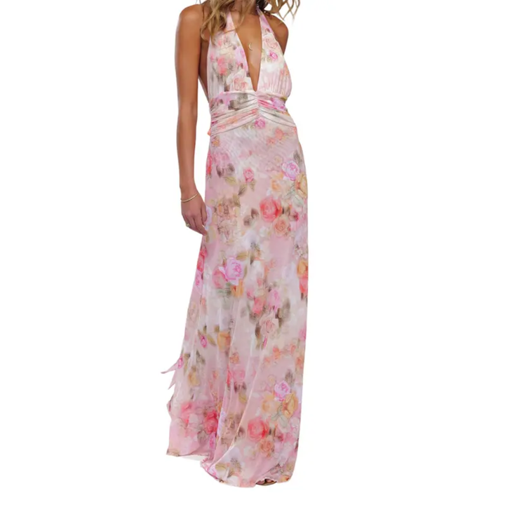 LORALEI™ – Robe longue fleurie dos nu à col montant