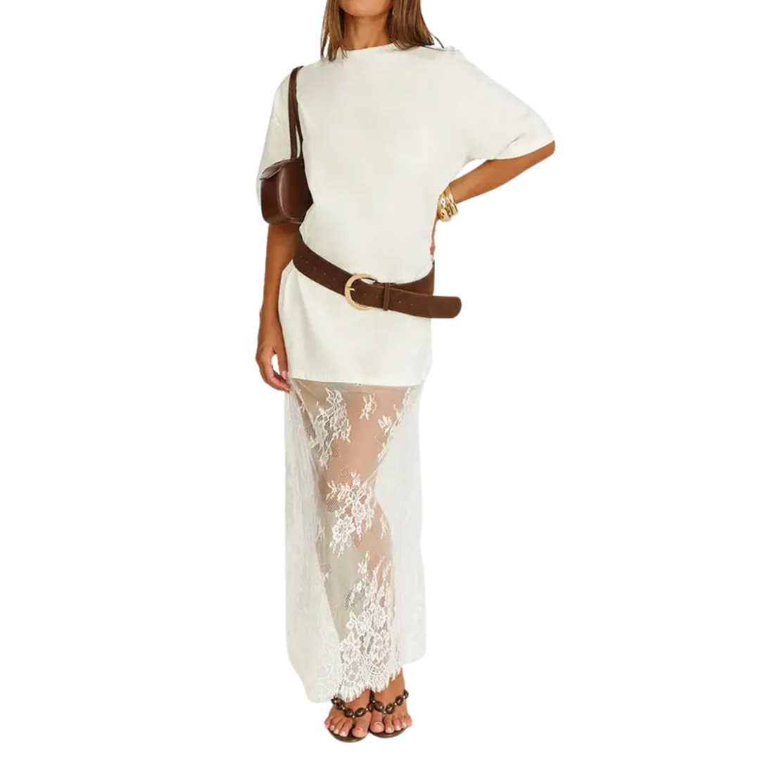 FRANNIE™ – Robe longue à épaules tombantes et ourlet en dentelle