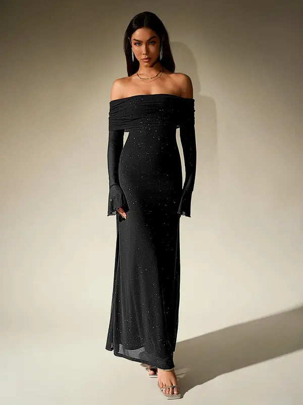 ANDREA™ - Robe fourreau moulante froncée asymétrique à sequins contrastants pour femme
